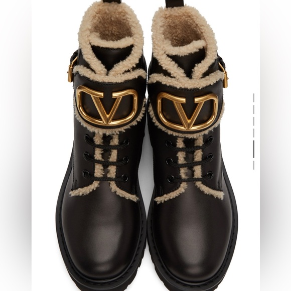 VALENTINO GARAVANI Leather & Shearling VLogo Combat Boots. Size 6.5 US - Picture 2 of 3
